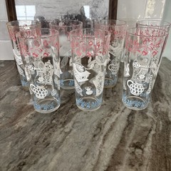 VTG 1950’s Hazel Atlas Kitchen Aids Tumbler Pink, Blue & White Glasses Set of 7