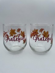 Thanksgiving Fall Leaves Stemless Wine Glasses GRATEFUL Barware 16oz S/2 B39