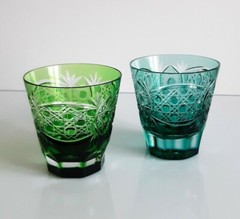 TWO AJKA EMERALD GREEN & LIGHT BLUE CASED CRYSTAL 120 ml GLASSES, VINTAGE, RARE