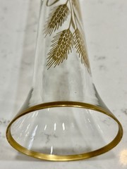 MCM Vintage Fluted 10” Footed Bud Vase Clear Glass Gold Wheat Design Gold Trim