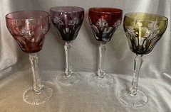 Vtg Cut To Clear 6 oz Wine Glasses Votive Germany Set Of 4 Red Green Purple Pink