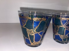 Vintage Cocktail On the Rocks Glasses Blue/Gold MCM Set Of 2