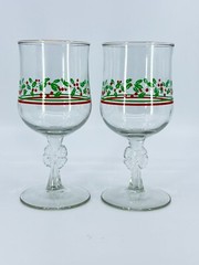 2 VTG 1987 Libbey Arbys Christmas Glasses Wine Iced Tea Goblets Holly Berry Bows