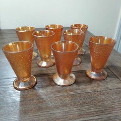 Vtg Set of 8 Carnival Glass Tumblers Marigold Orange Crackled Footed Juice Glass