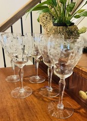 Vintage Weston Crystal Cut Floral Optic Bowl Wine Glass 7 7/8 Set Of 5