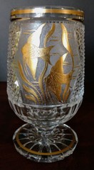 MOSER Crystal Hand Blown Cut, Engraved Pedestal Goblet w/Gold Fish Perfect, Old