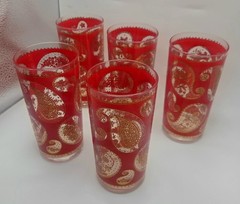 Vintage 5 MCM Culver Red & 22k Gold Paisley Highball Glasses Tumbler Cocktail