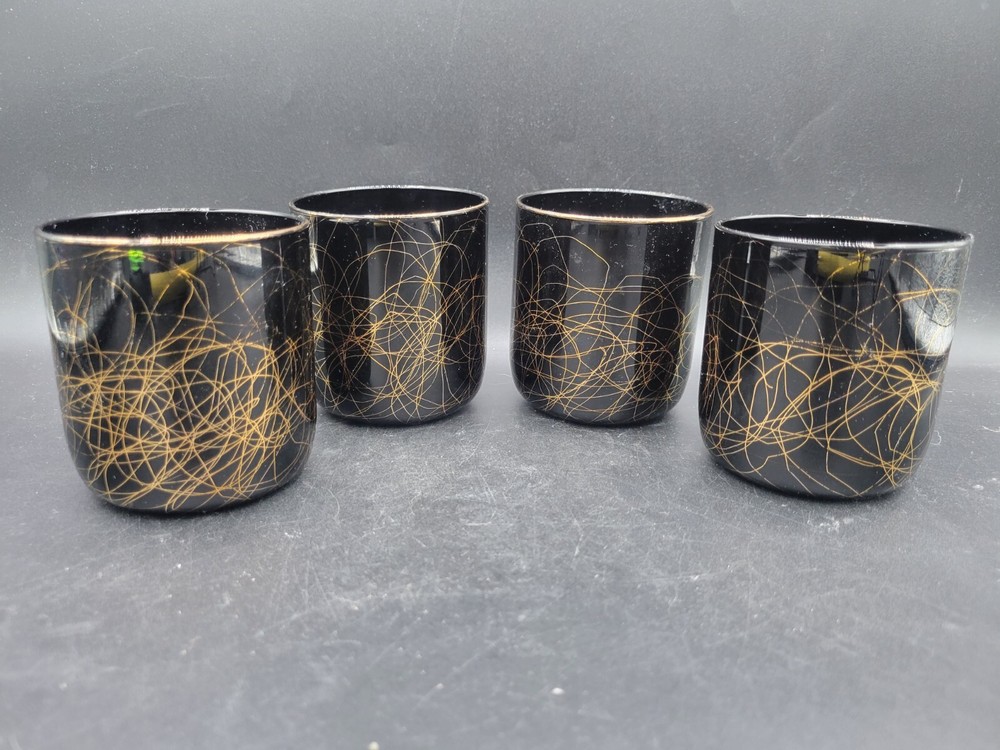 4 RARE Libbey Vintage Hand Blown MCM Black Gold Swirl Glass Tumblers Set Barware