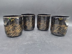 4 RARE Libbey Vintage Hand Blown MCM Black Gold Swirl Glass Tumblers Set Barware