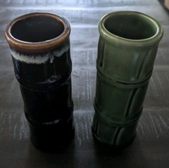 Two VNTG Libbey Bamboo Tiki Volcano Drip Glaze Ceramic Cocktail Glasses 7.5″