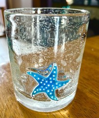 Clear Bubble/Seed Glass Tumbler With Blue Raised Starfish