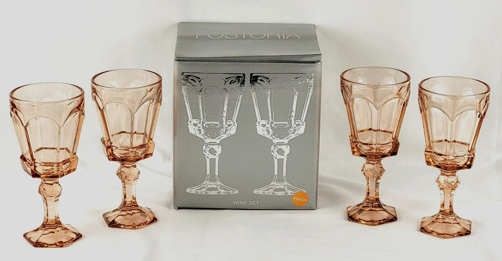 Fostoria Virginia Peach 4 Crystal Claret Wine Goblets Glasses 6.5″ NEW OLD STOCK
