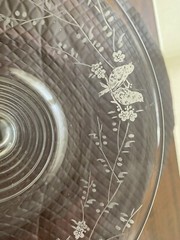 VINTAGE STUART CRYSTAL COMPORT with etched bird and Flower