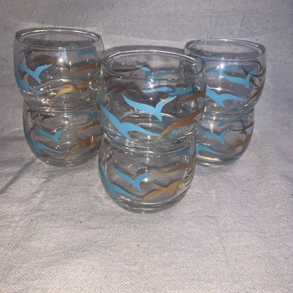 Vintage S et of 6 MCM Clear Cocktail Sour Glass w/ turquoise/gold Bird Design,