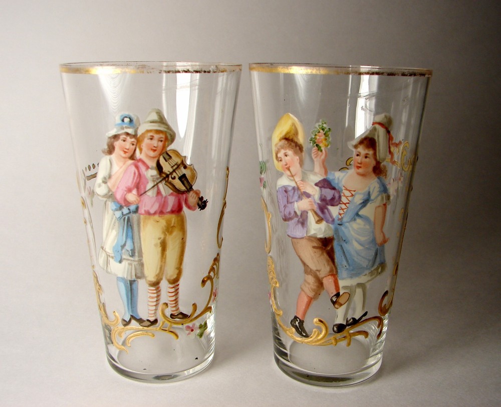 Moser or Lobmeyr Hand Painted Enameled Gilded Rococo 2 Victorian Glasses 4″