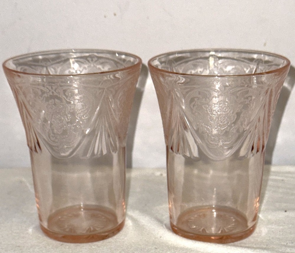 2 Hazel Atlas ROYAL LACE PINK 4 1/8″ – 9 OZ WATER TUMBLERS
