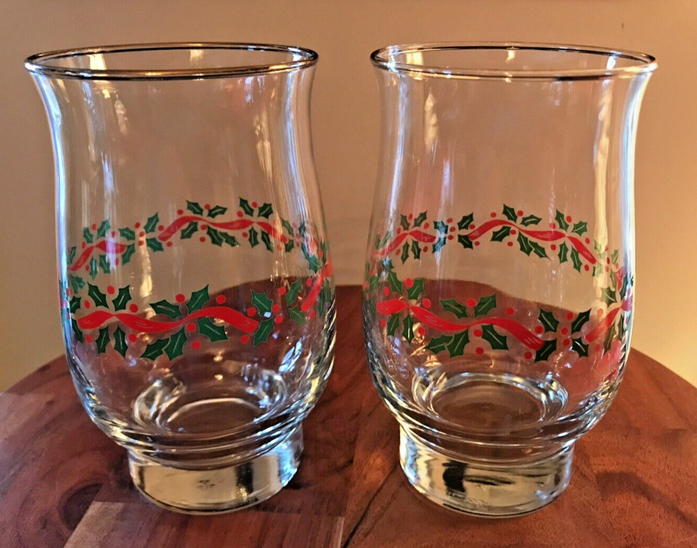 VTG Libbey Christmas Holly Ribbons Garland 12 Oz Beverage Tumblers Pair Gold Rim