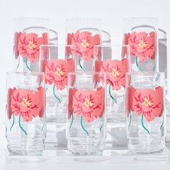 Vintage Mid C Indiana Glass Retro Coral Carnation 6″ Highball Glasses Set of 8