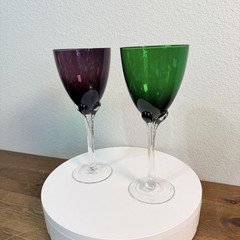 MURANO Tulip Based Wine Glasses Purple & Green Clear Ribbed Stem Goblets Set 2