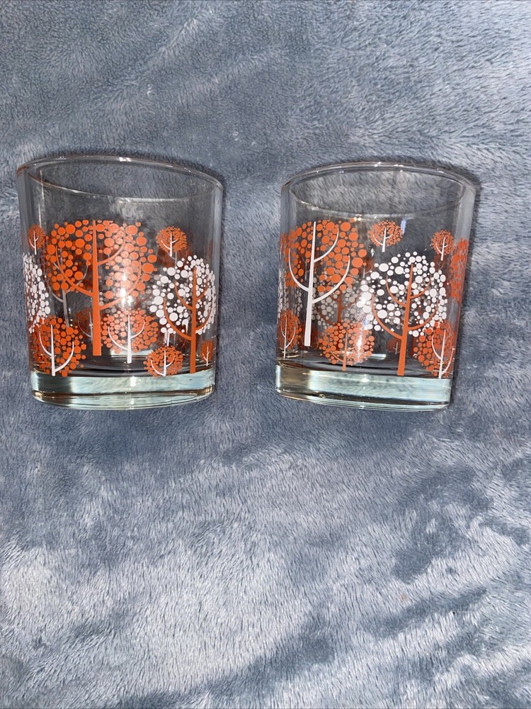 Set Of MCM Juice Or Rocks Glass Orange And White Trees