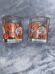 Set Of MCM Juice Or Rocks Glass Orange And White Trees