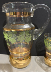 Vintage pitcher and 4 glasses set green grape vines and gold trim
