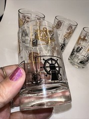 Set Of 4 Juice Glasses Nautical Theme in Gold Black 3-3/4″ T 2-3/8”