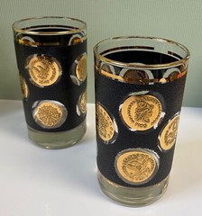 Vintage 1970’s Gold Coin Black Glass MCM Libbey SET OF 4 High Ball Tumblers 10oz