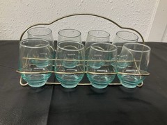 (8) Vintage Libbey Aqua Tempo Blue Glass Tumblers Stemless Wine 4-1/2″ T & Rack