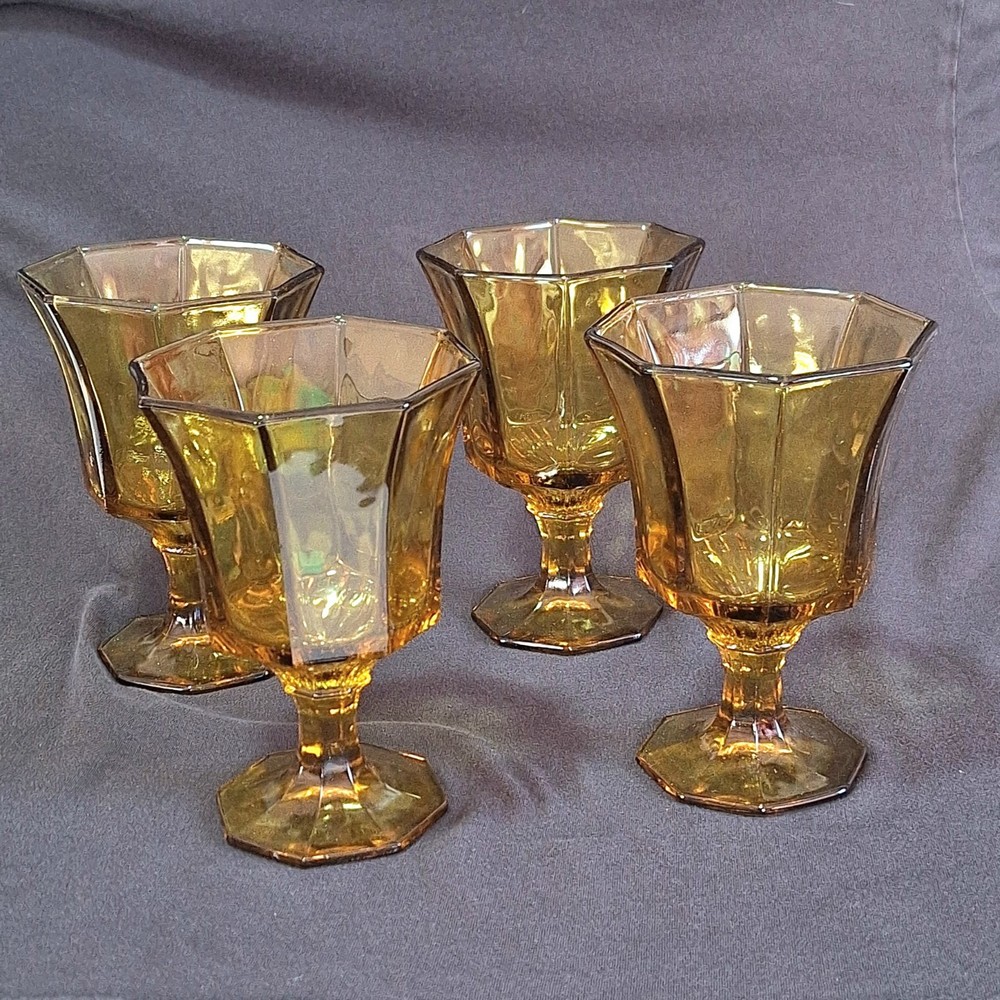 Vtg 1970s Independence Octagon Amber MCM Goblet Water Juice Wine Glasses Set-4