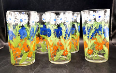 Vintage Drinking Glasses Daisy Iris Poppy Blue White Red Orange Lot of 7