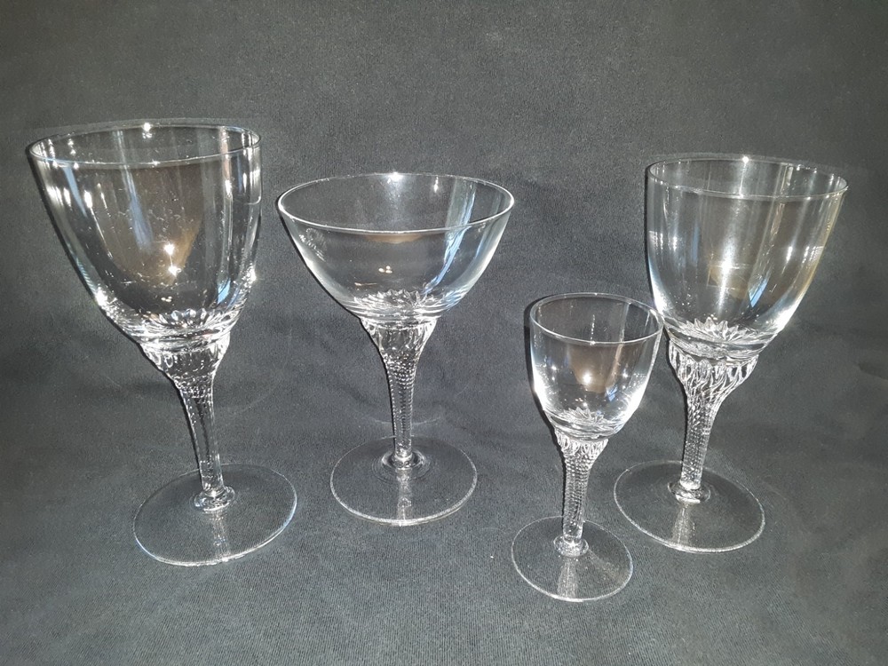 Crystal Stemware Multiple Pieces Clear with Spiral cut Stems.