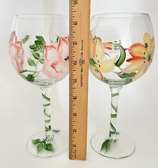 Set of 2 Hand Painted Floral Wine Glasses Pink Flower & Yellow Lily Art Glass