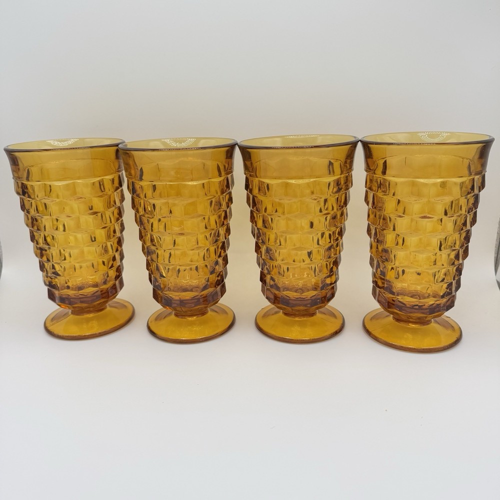 Set Of 4 Vintage Indiana Glass Whitehall Cubist Amber Footed Iced Tea Glasses (B