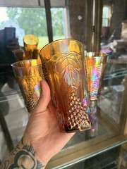 Vintage Marigold Carnival Glass Grape Tumbler Glasses Set Of 4