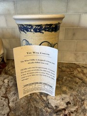 8″ USA Pottery Stoneware Crock Wine Chiller~5.5″ opening~Oatmeal glaze w/ blue