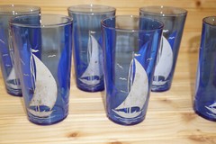 Hazel Atlas Ships Blue w/Dirty White Sails (7) Flat Iced Tea Glasses, 4 7/8″ (B2