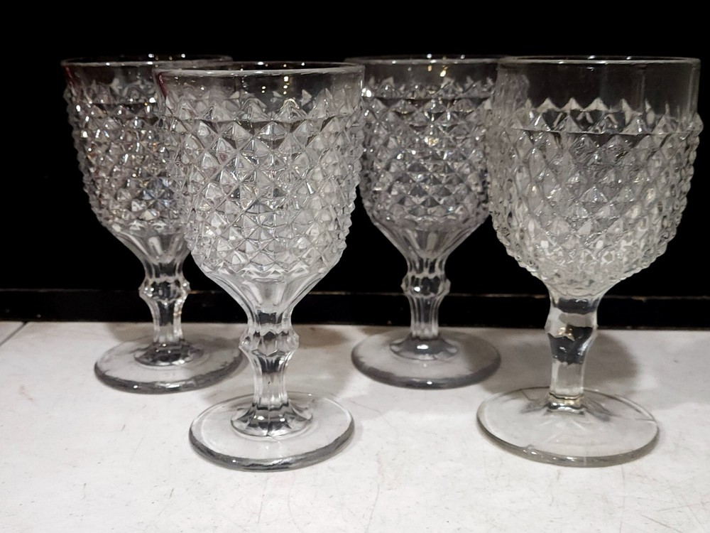 SET OF 4- Antique New England Flint Glass Diamond Point Water Goblets