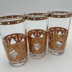 MCM Signed Culver 6 High Ball Glasses Orange 22K Gold Scroll
