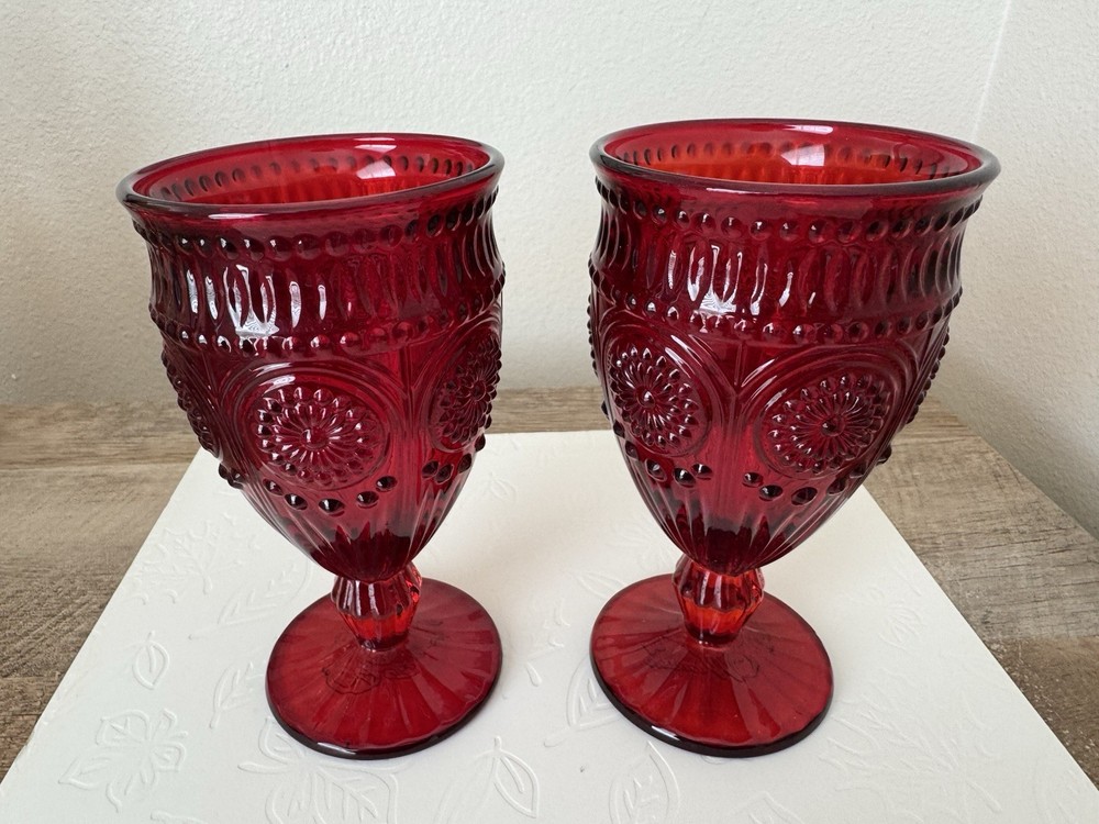The Pioneer Woman Adeline Ruby Red Embossed Goblets Glasses 12oz Set of 2