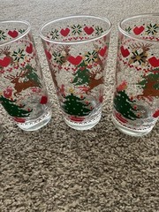 Vintage CHD 1984 Cross Stitch Christmas Tumbler Glass With Trees Reindeer Hearts