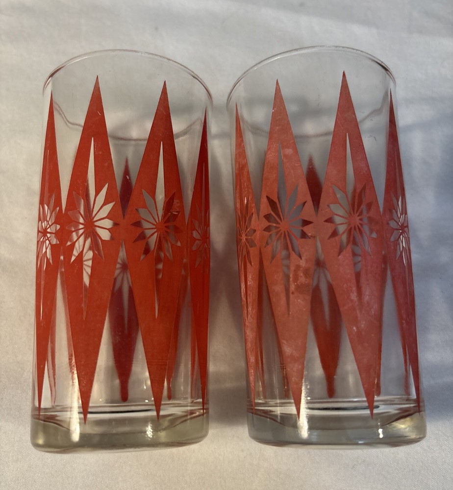 Jeannette Glasses Red Atomic Start burst Diamond Gold MCM Vintage Set Of 2