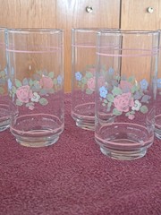 Pfaltzgraff Tea Rose Floral Libbey Tumbler Drinking Glasses Pink Bands Set of 5