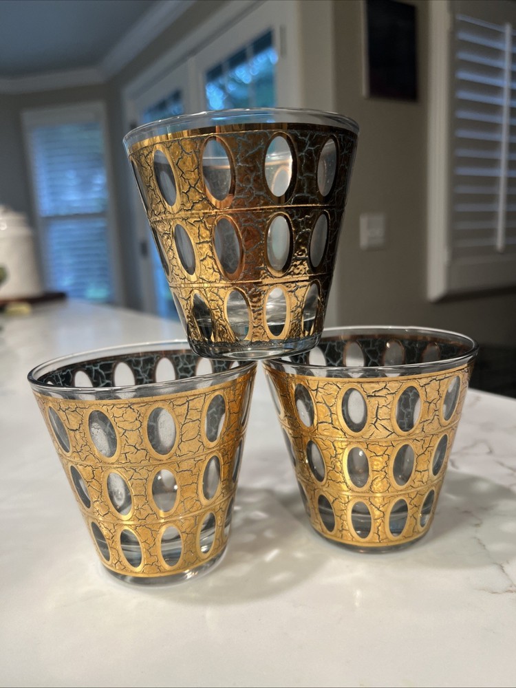 VTG MCM Culver PIZA Green & Gold Old Fashioned Tumbler 3 1/4″ Tall Set Of 3