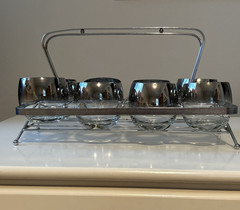 NWOB Retro Roly Poly Fading Silver Band Cocktail Glasses Set of 8 Chrome Caddy