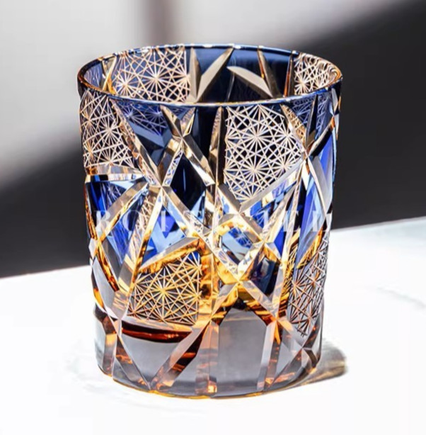 Edo Kiriko Hand-Cut Crystal Amber Blue 9oz Bourbon Old Fashioned Whiskey Glass