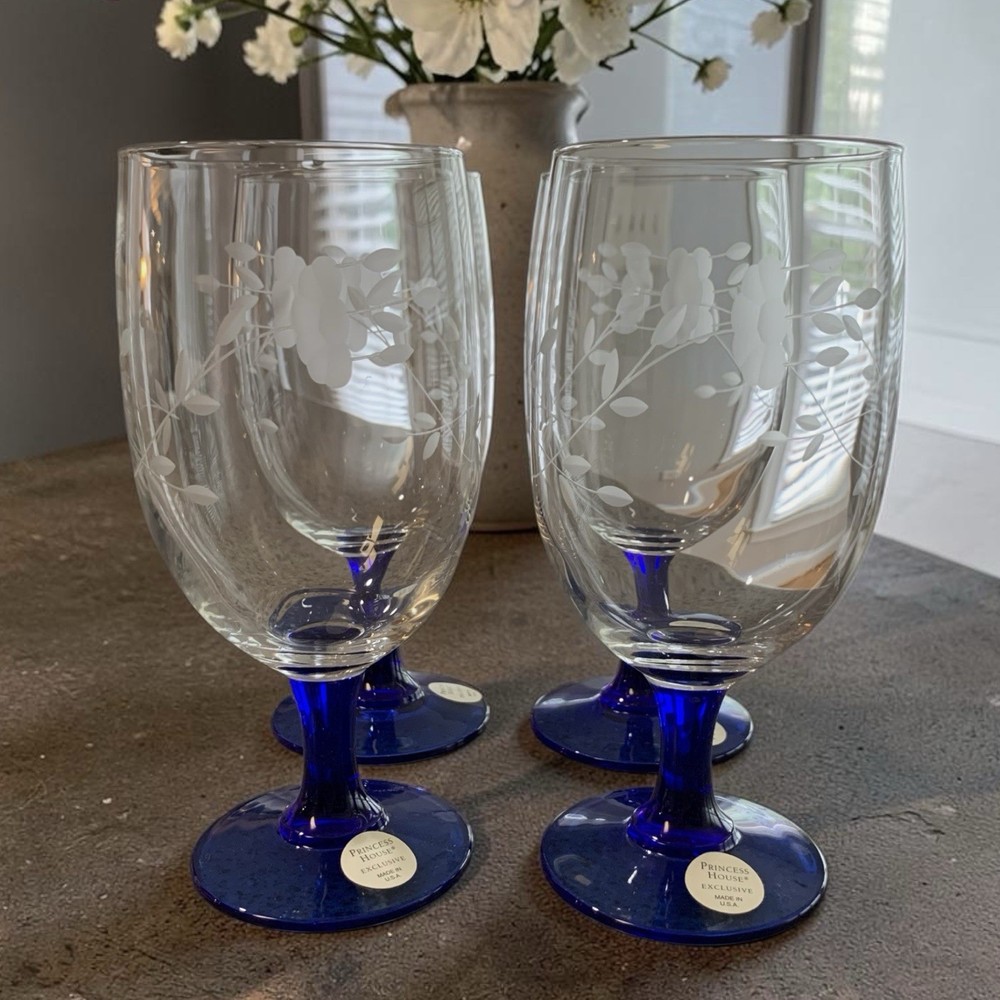 Princess House Crystal Heritage Blue Stem Iced Tea Glasses #644 Vtg Set of 4 NIB