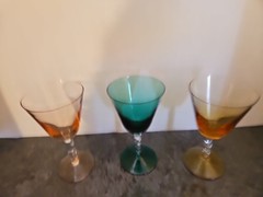 3 Vintage Coloured Glasses 5.75 x 3.5 Inches Swirled Stem