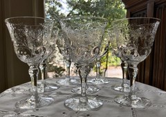 CORBETT STOURBRIDGE ROCK CRYSTAL WINE GLASSES (7) WILLIAM KNY C.1897-1910