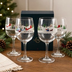 Lenox Snow Village Wine Glasses Set of 4 Holiday w/ Box